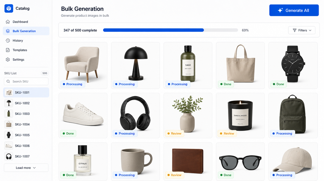 A clean bulk-generation dashboard with a left sidebar listing SKU IDs, a central grid of small product image thumbnails each tagged 'Processing',