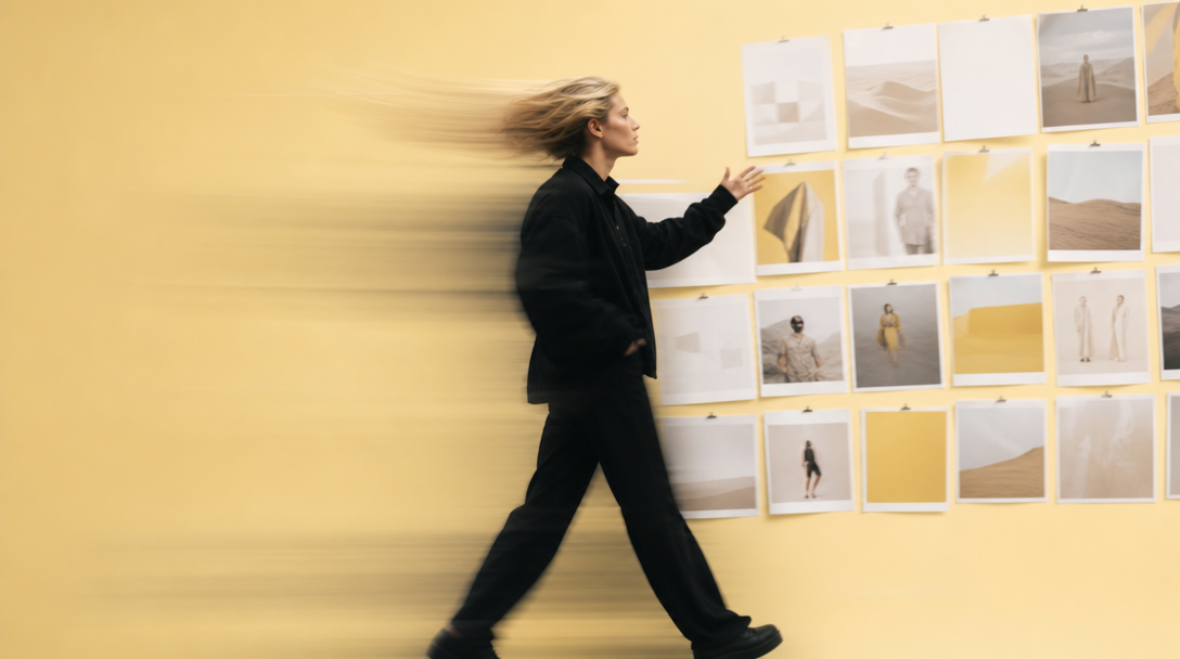 A person mid-step in a butter-yellow studio, gesturing at a wall of unbranded seasonal campaign printouts pinned in rows, profile framing, dark outfit