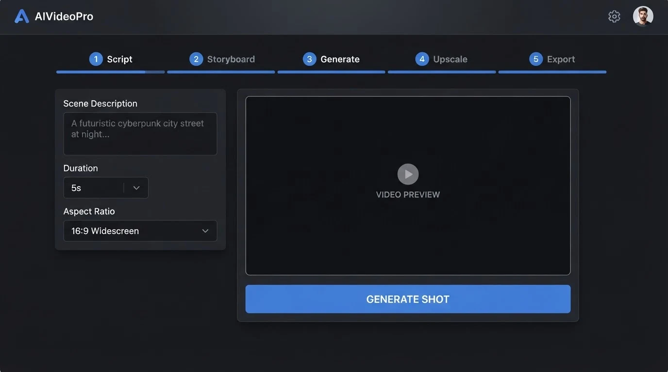 Dark-mode AI video production dashboard: top horizontal step-bar labelled 'Script', 'Storyboard', 'Generate', 'Upscale', 'Export'; centre blank video