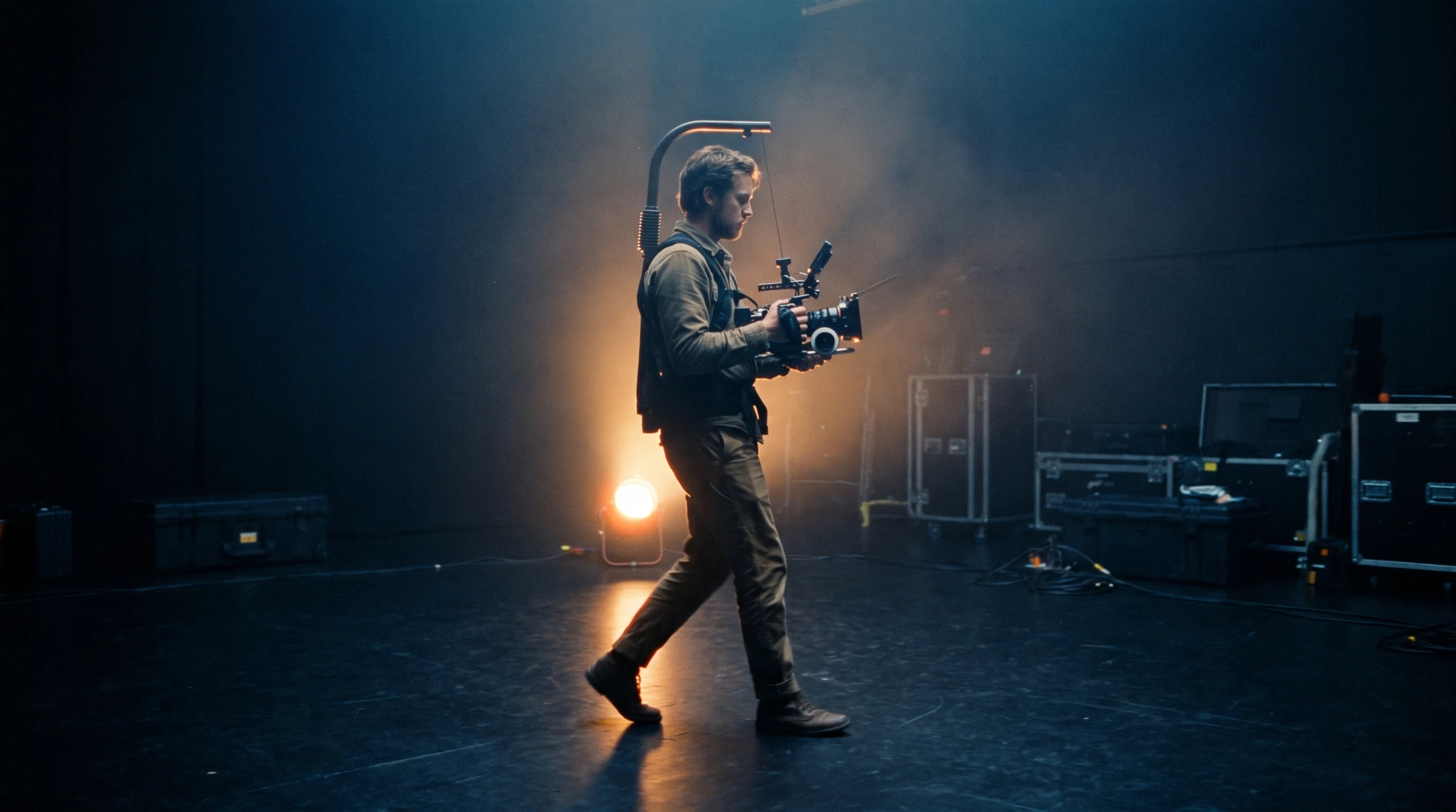 Filmmaker mid-stride across a sparse black-floored soundstage, three-quarter profile, cradling a compact cinema camera rig, a single warm