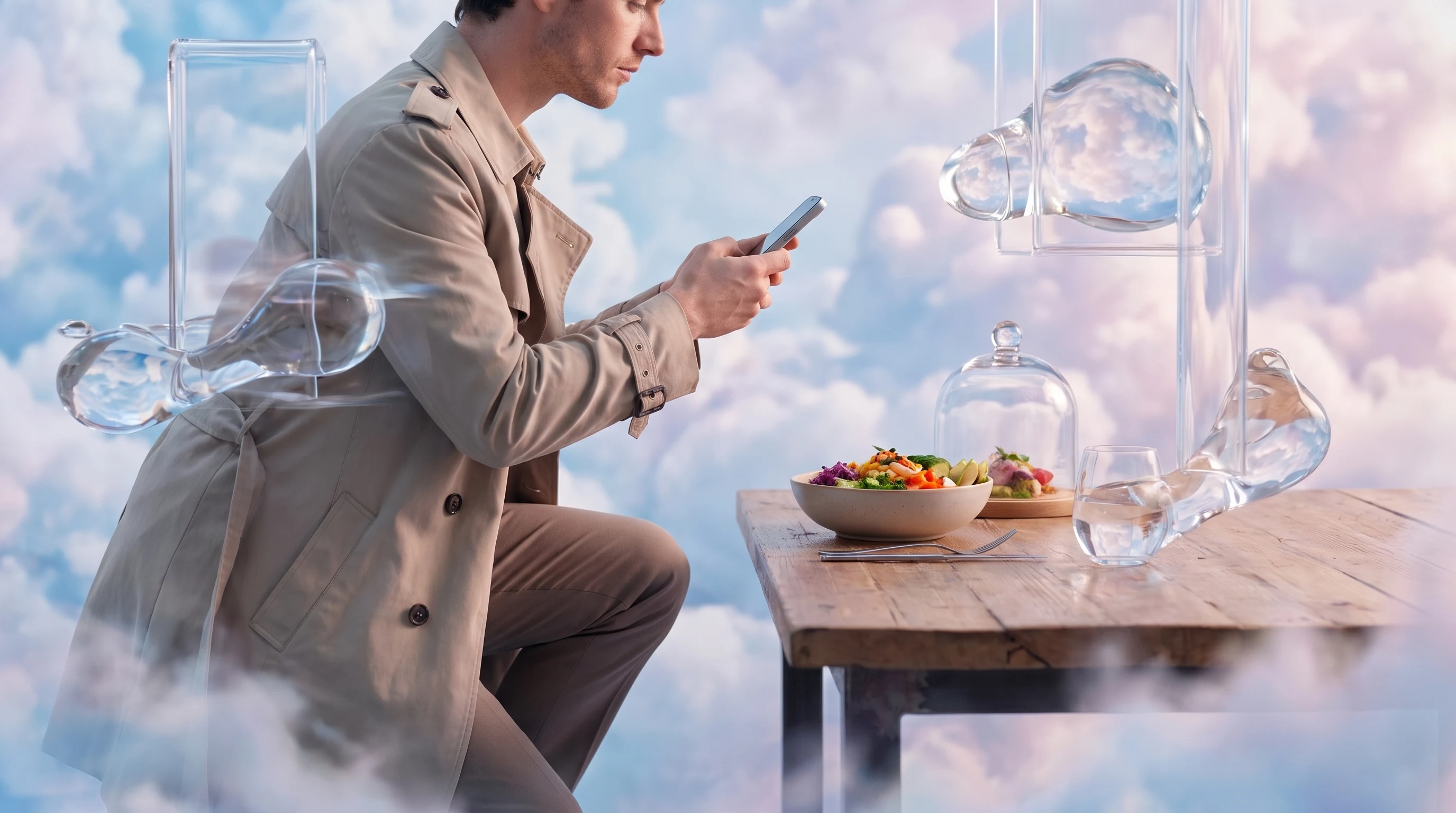 A person mid-crouch raising a phone to photograph a styled unbranded bowl on a timber restaurant table, shot in side profile from table height