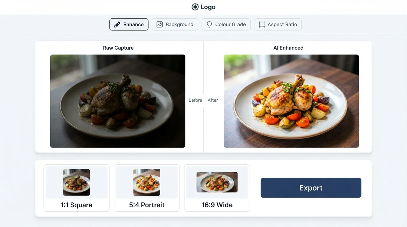 A food photo enhancement interface with a horizontal split-panel view: left panel shows a raw phone capture of a plated dish, right panel shows the