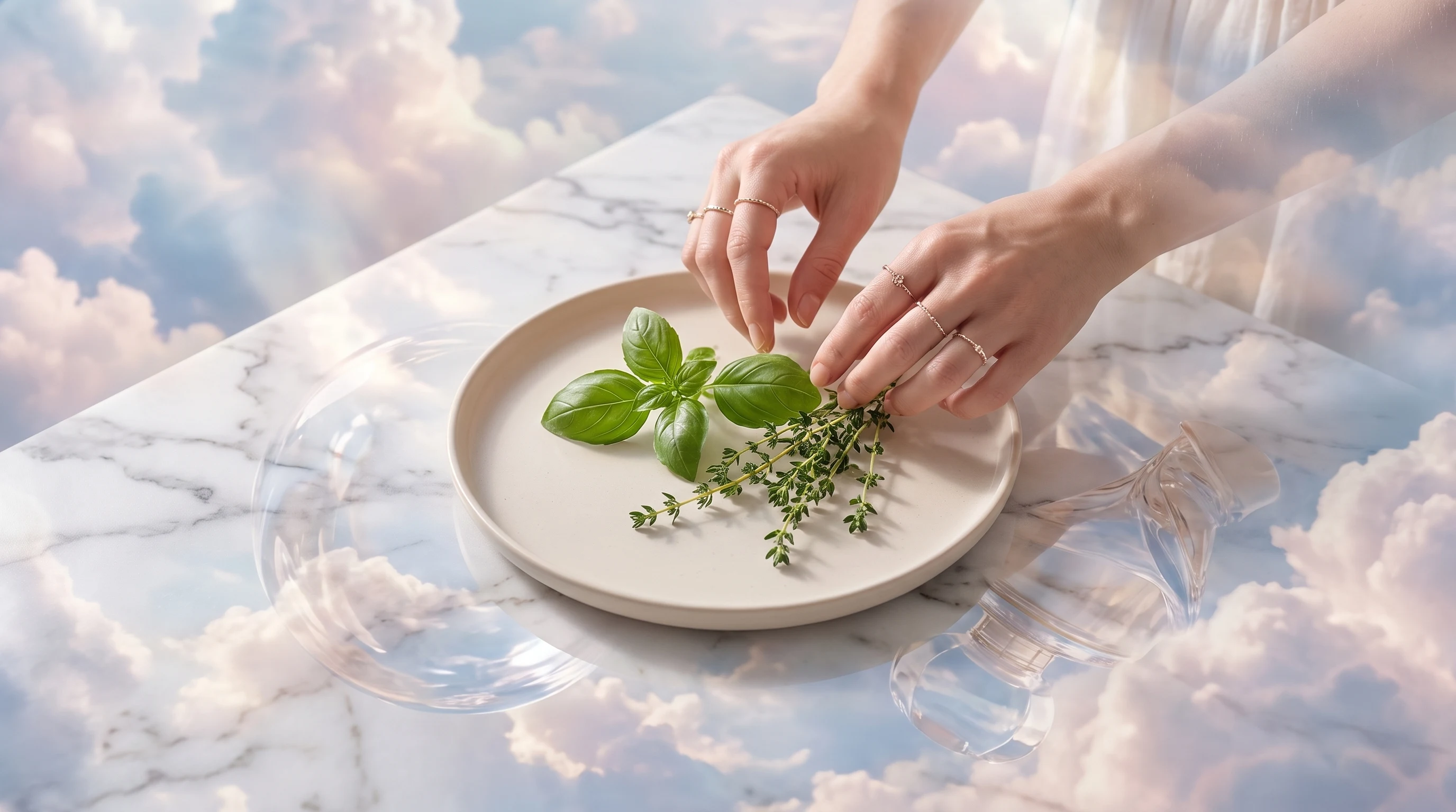 A person mid-reach adjusting fresh herbs on an unbranded ceramic plate atop a marble surface in a bright minimal kitchen, three-quarter framing from