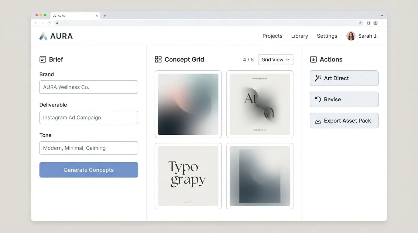 A split-panel design workflow interface showing a left 'Brief' input panel with fields labelled 'Brand', 'Deliverable', and 'Tone', a centre 'Concept