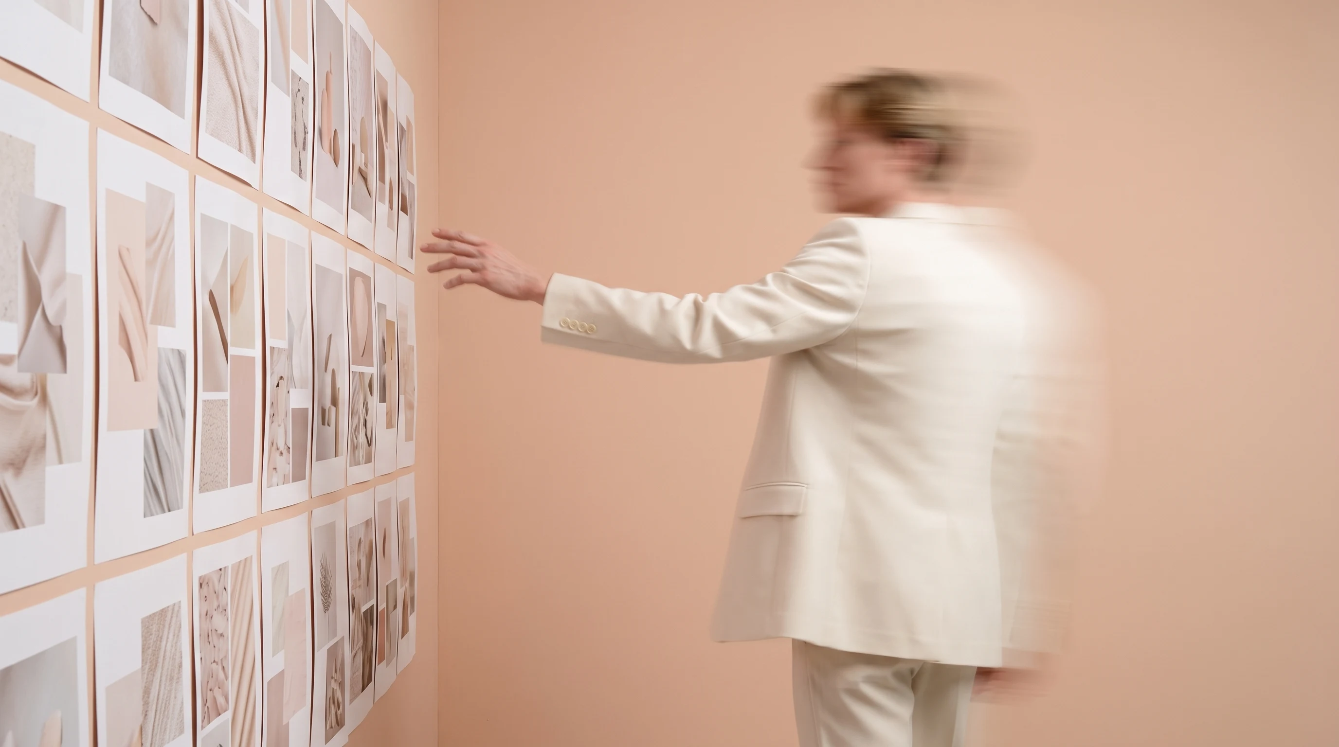 A person mid-turn in a peach studio backdrop, one arm gesturing toward a wall of unbranded mood-board prints, sleek minimal outfit, three-quarter