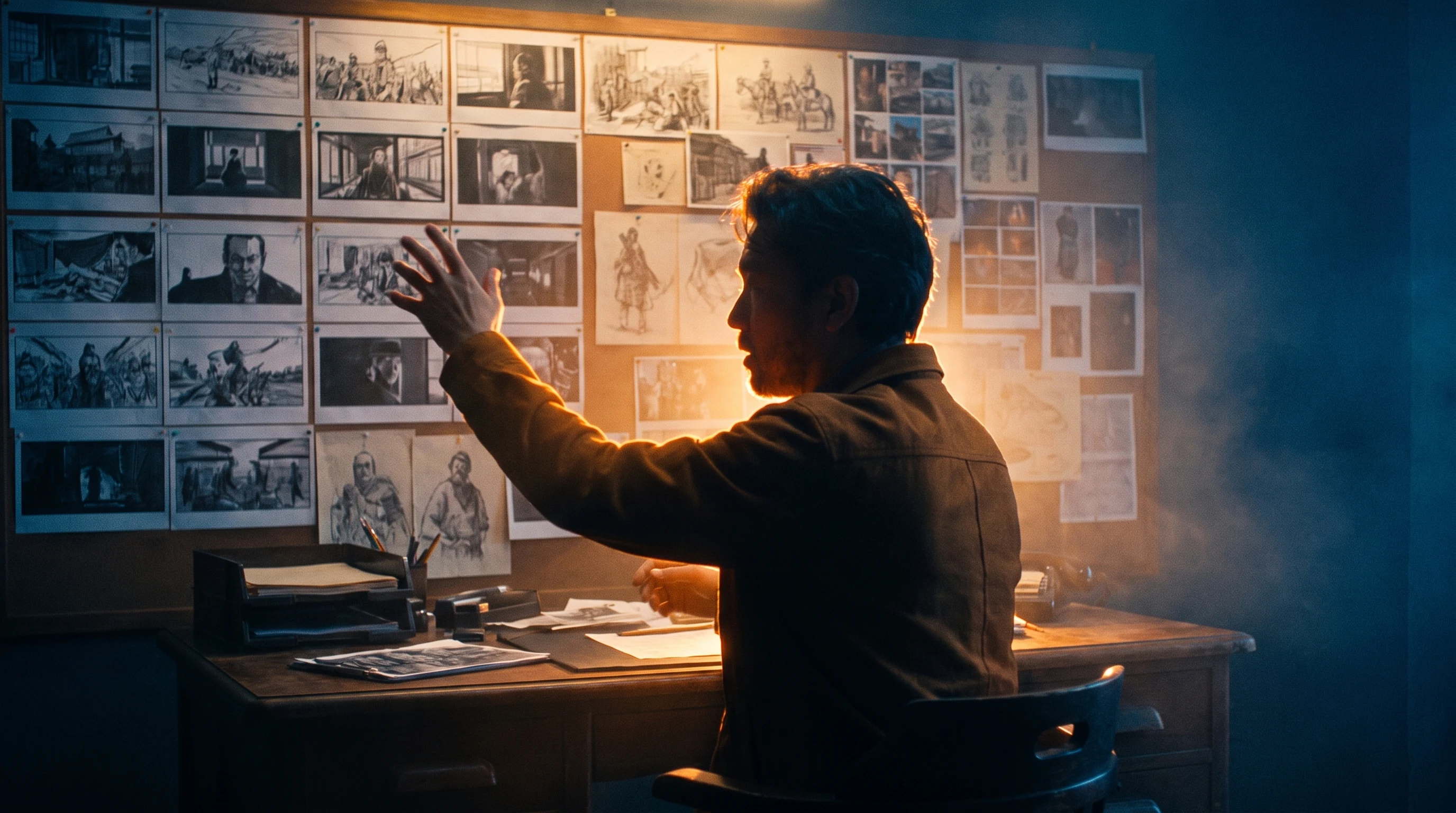 A director in profile mid-turn at a desk, arm raised gesturing toward a wall of period storyboard prints and historical reference panels