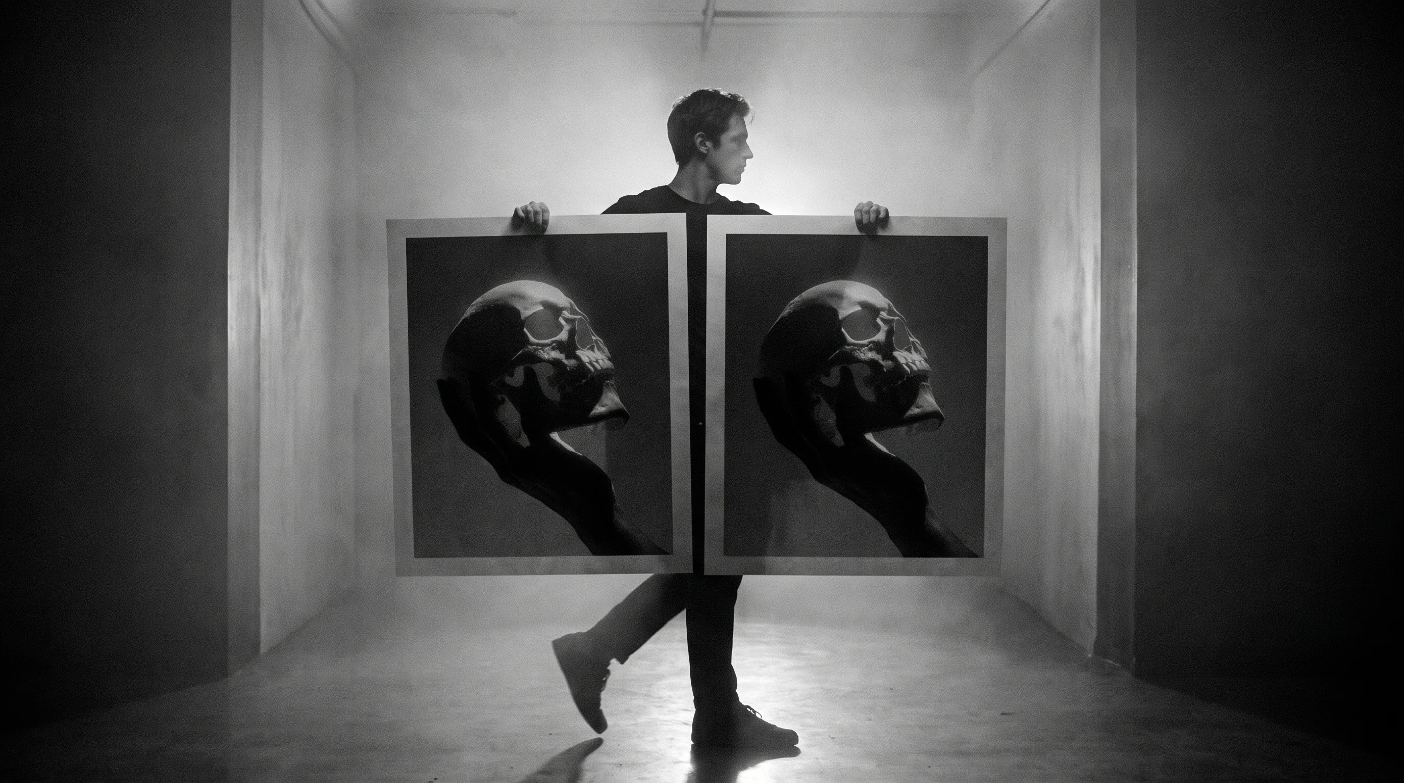 A person mid-step in a bright studio corridor, holding two large unbranded prints side by side at arm's length, profile framing