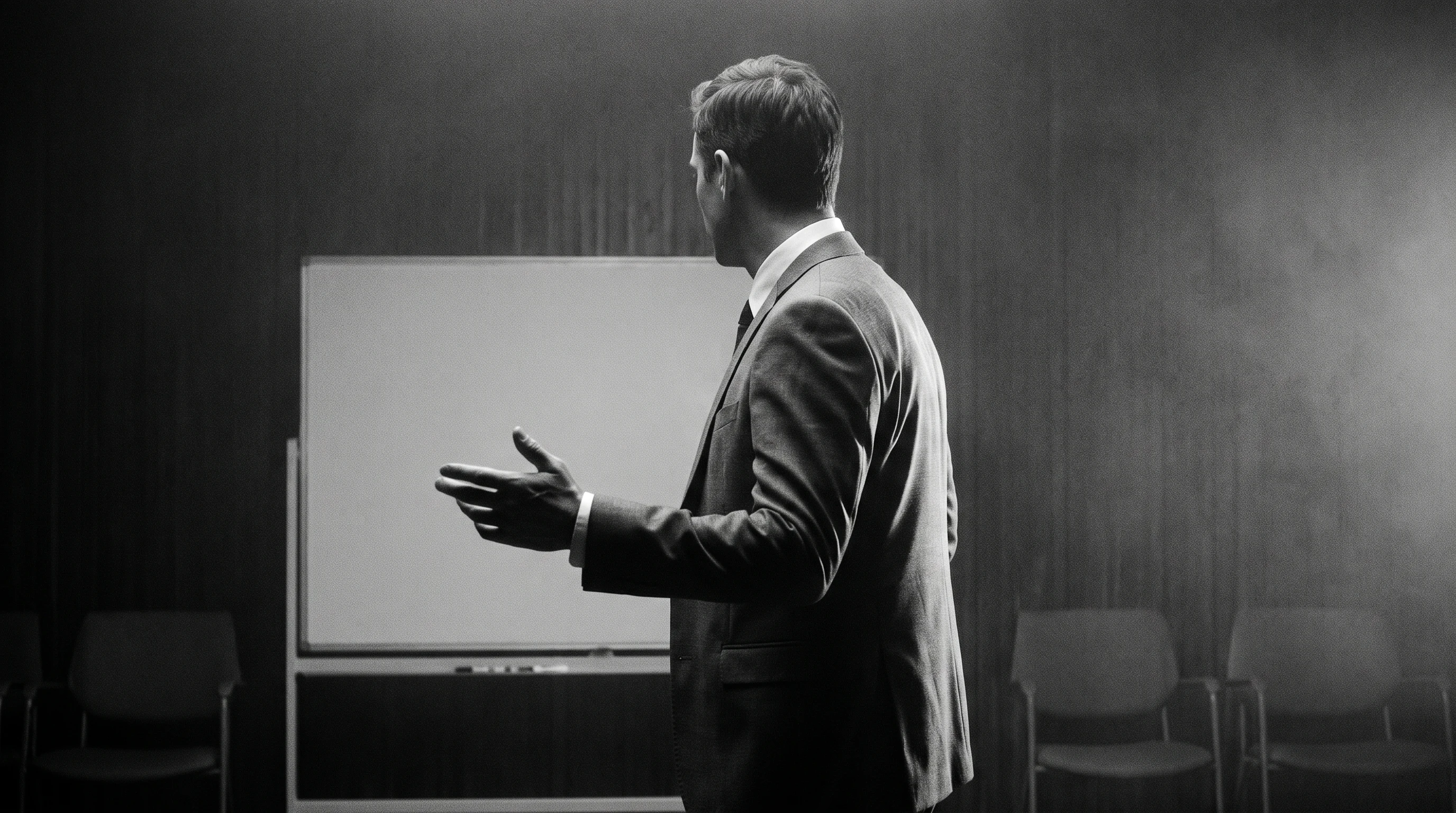 A suited professional mid-turn away from a bare whiteboard, gesturing outward toward camera in a sparse modern meeting room, three-quarter rear