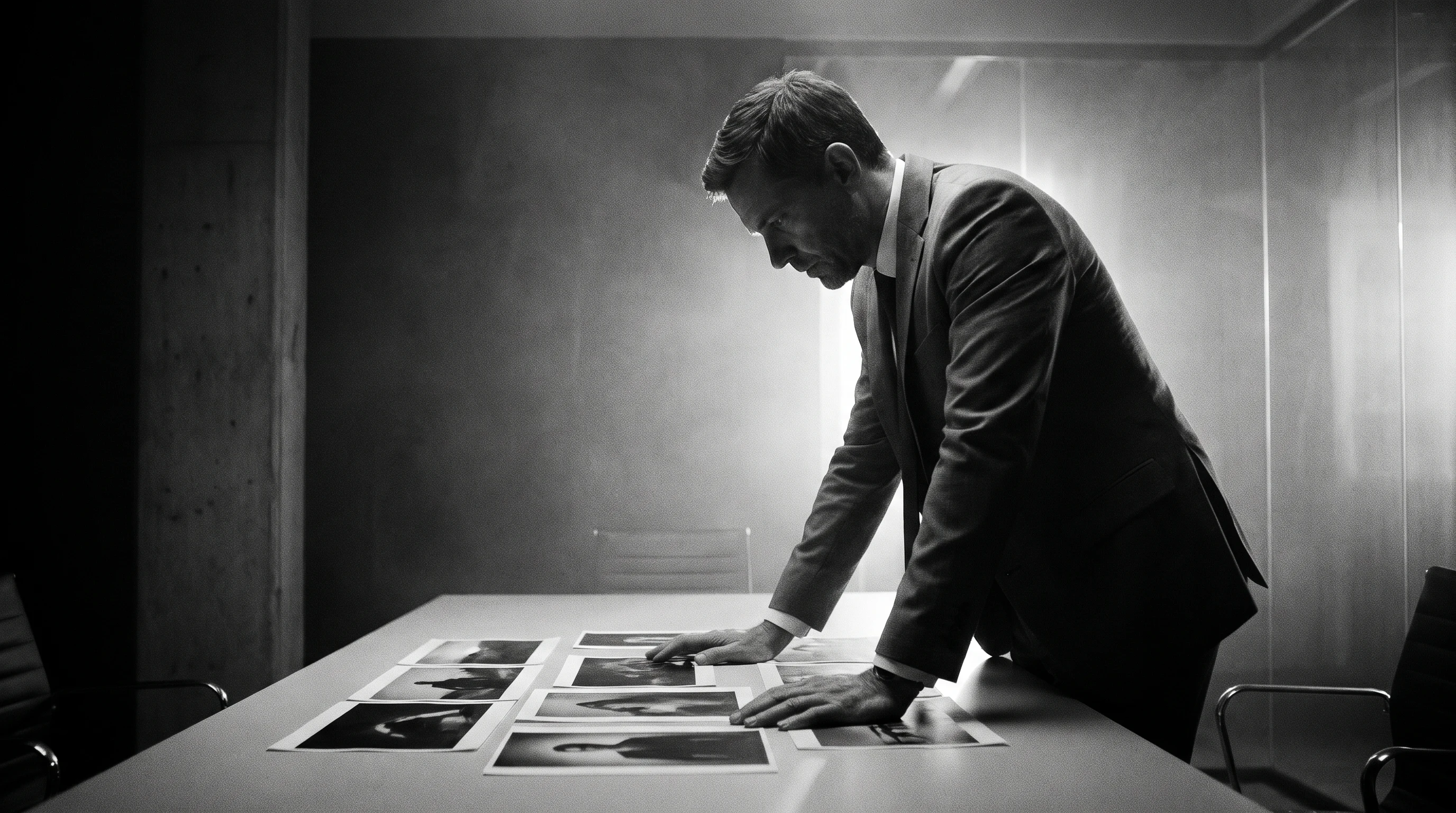 A professional mid-lean across a minimal conference table, one hand resting on a spread of unbranded printed image sheets, stark office setting
