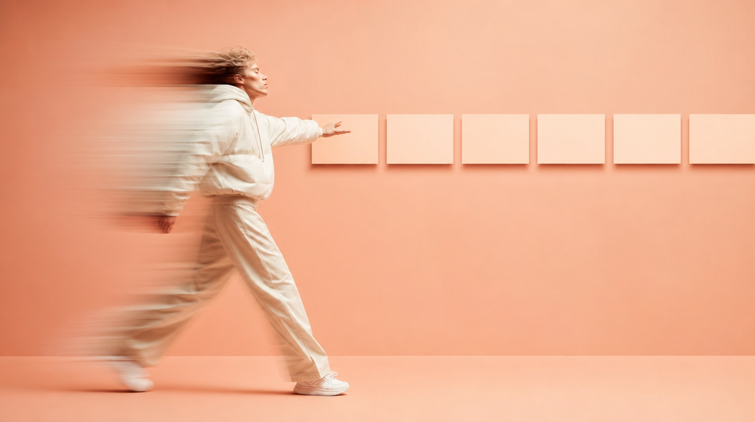 A person mid-step in a peach studio, gesturing toward a wall of blank rectangular cards arranged in a horizontal swipe sequence, profile framing