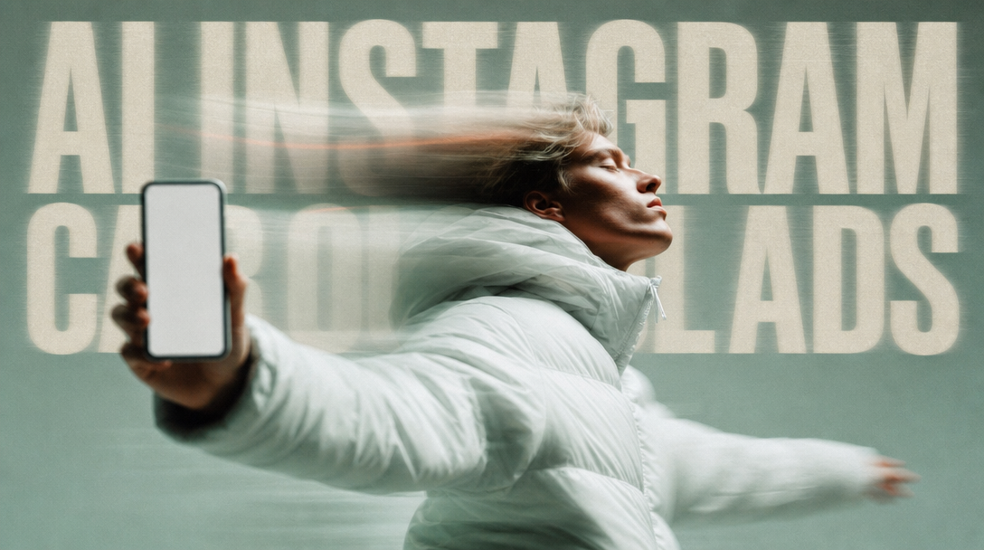 A person mid-spin in a mint studio, arms outstretched, holding a blank phone screen face-forward toward camera, three-quarter framing