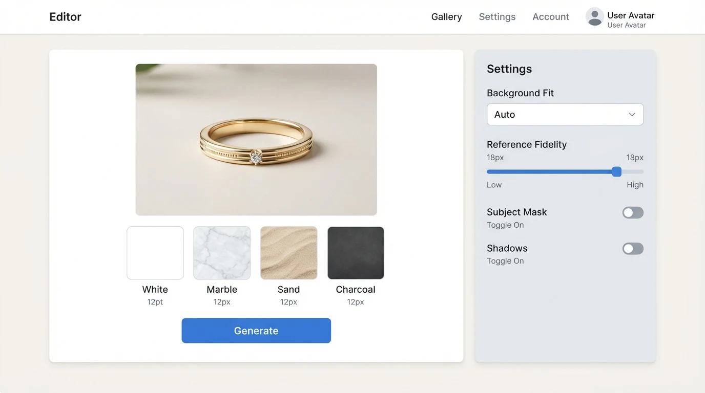 A clean background-swap editor showing a gold ring photo in the main left panel, a row of background swatches labelled White, Marble, Sand, and