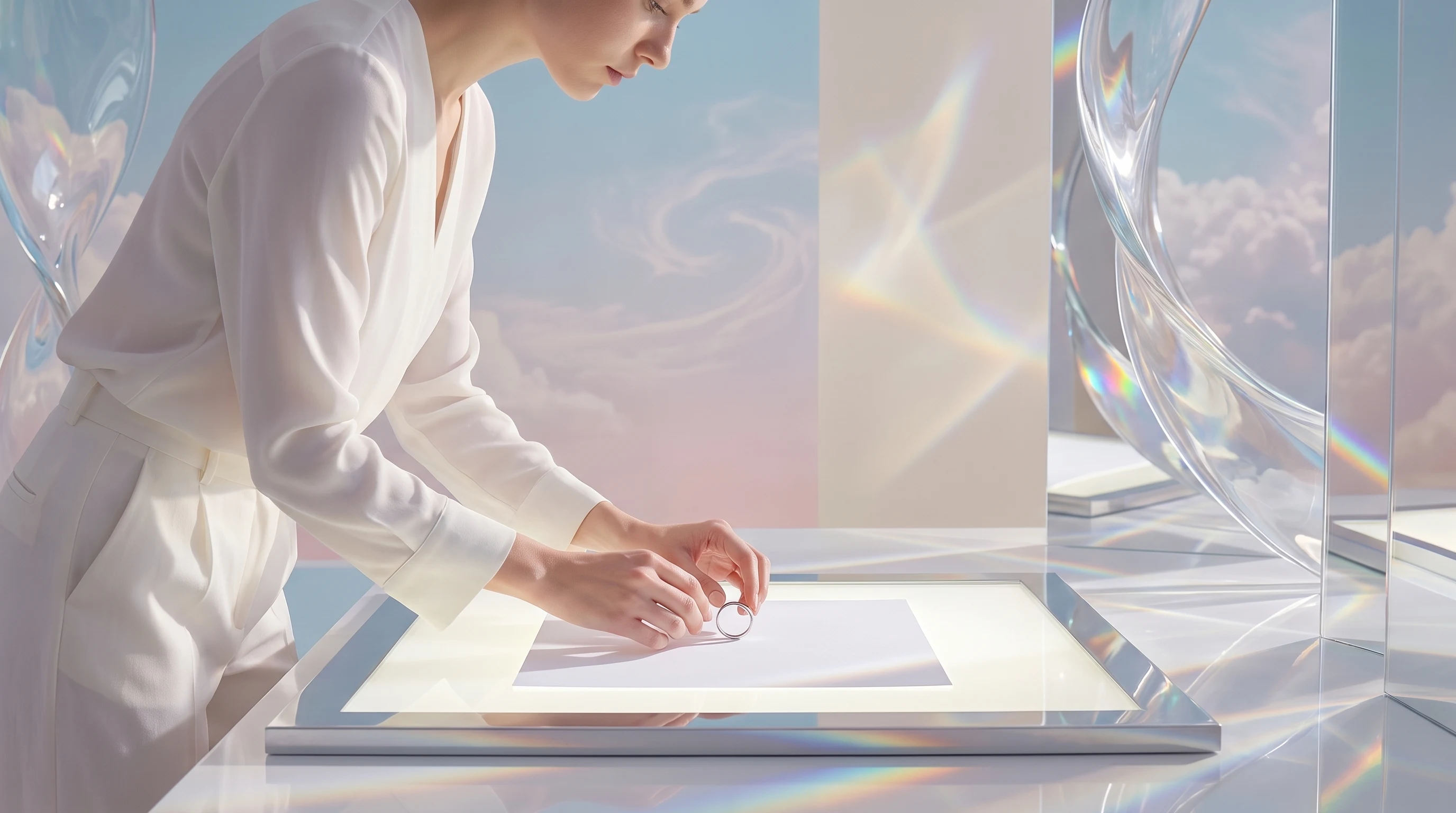 A person mid-lean over a lightbox, placing an unbranded ring onto white paper, three-quarter profile in a minimal jewellery-styling studio