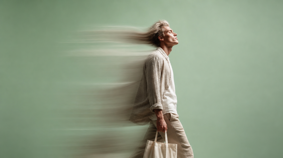A man mid-step across a mint-backdrop studio in a relaxed linen shirt, carrying a blank unbranded tote bag at his side, shot in profile with soft