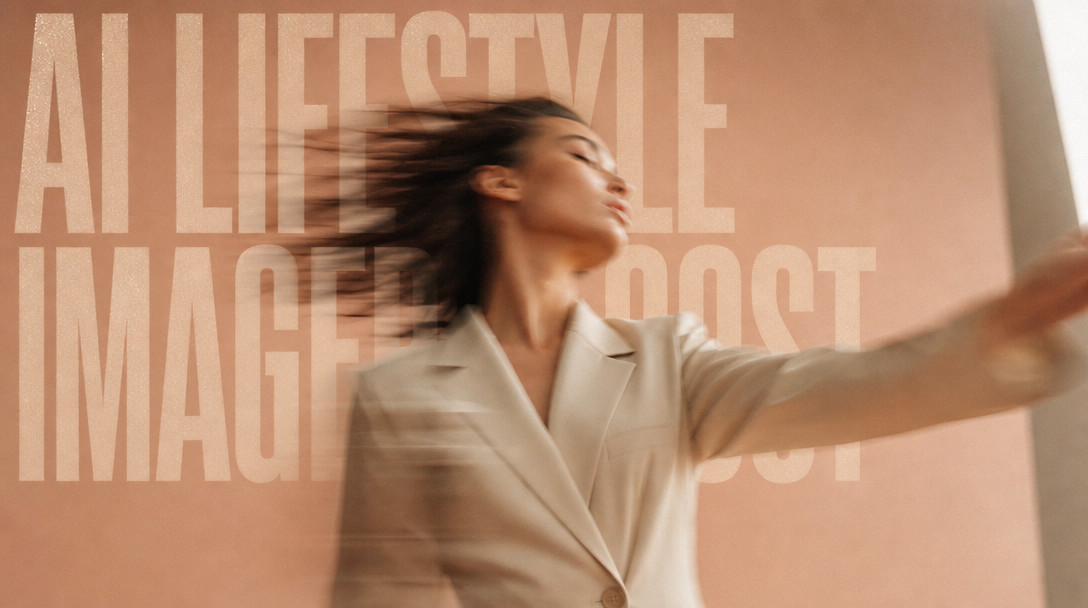 A woman mid-turn in a peach-toned studio, one arm outstretched toward a softbox just out of frame, wearing a structured cream blazer, three-quarter