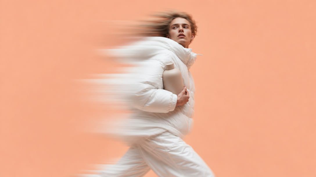 a person mid-step through a peach-backdrop studio space, cradling an unbranded matte bottle against their chest, head turning over one shoulder,