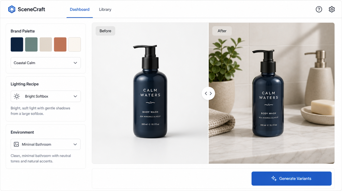 A clean image-generation dashboard showing a left panel with fields labelled 'Brand Palette', 'Lighting Recipe', and 'Environment' pre-filled, a