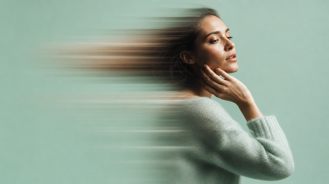 A woman mid-turn in three-quarter view on a mint backdrop, one hand raised to her jawline in a deliberate gesture, styling a soft knit top, as if