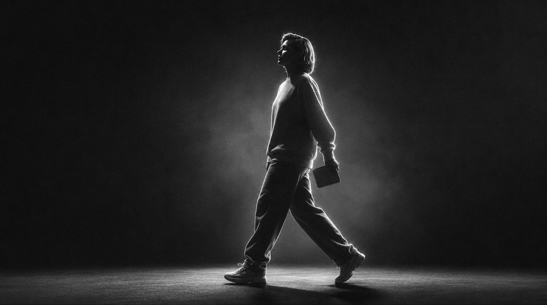 A person mid-step through a minimal white-walled studio space, carrying a small unbranded object at hip height, viewed in profile against an empty