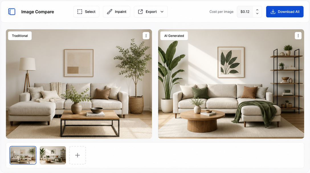 A split-panel image comparison interface showing two lifestyle photo variants side by side, with labels 'Traditional' and 'AI Generated', a toolbar