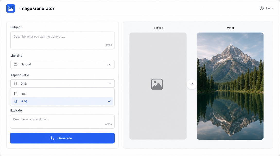 A minimal image-generation interface showing a prompt text field labelled 'Subject', dropdowns for 'Lighting' and 'Aspect Ratio' (options: 4:5,