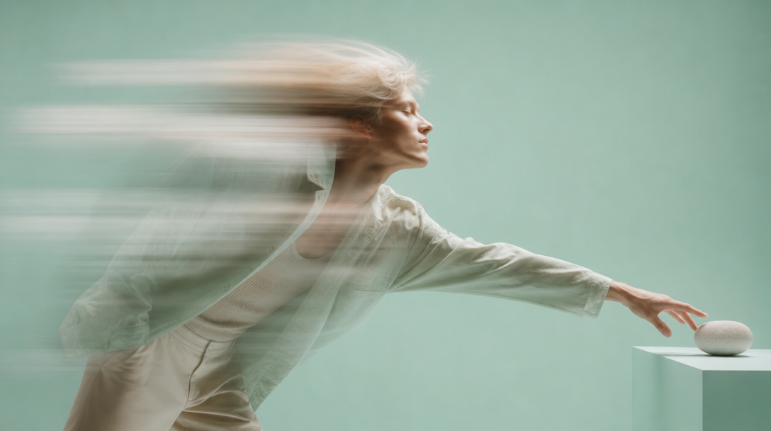 A person mid-reach in a mint-backdrop studio, arm extended toward a small unbranded object resting on a pale surface, three-quarter framing, relaxed