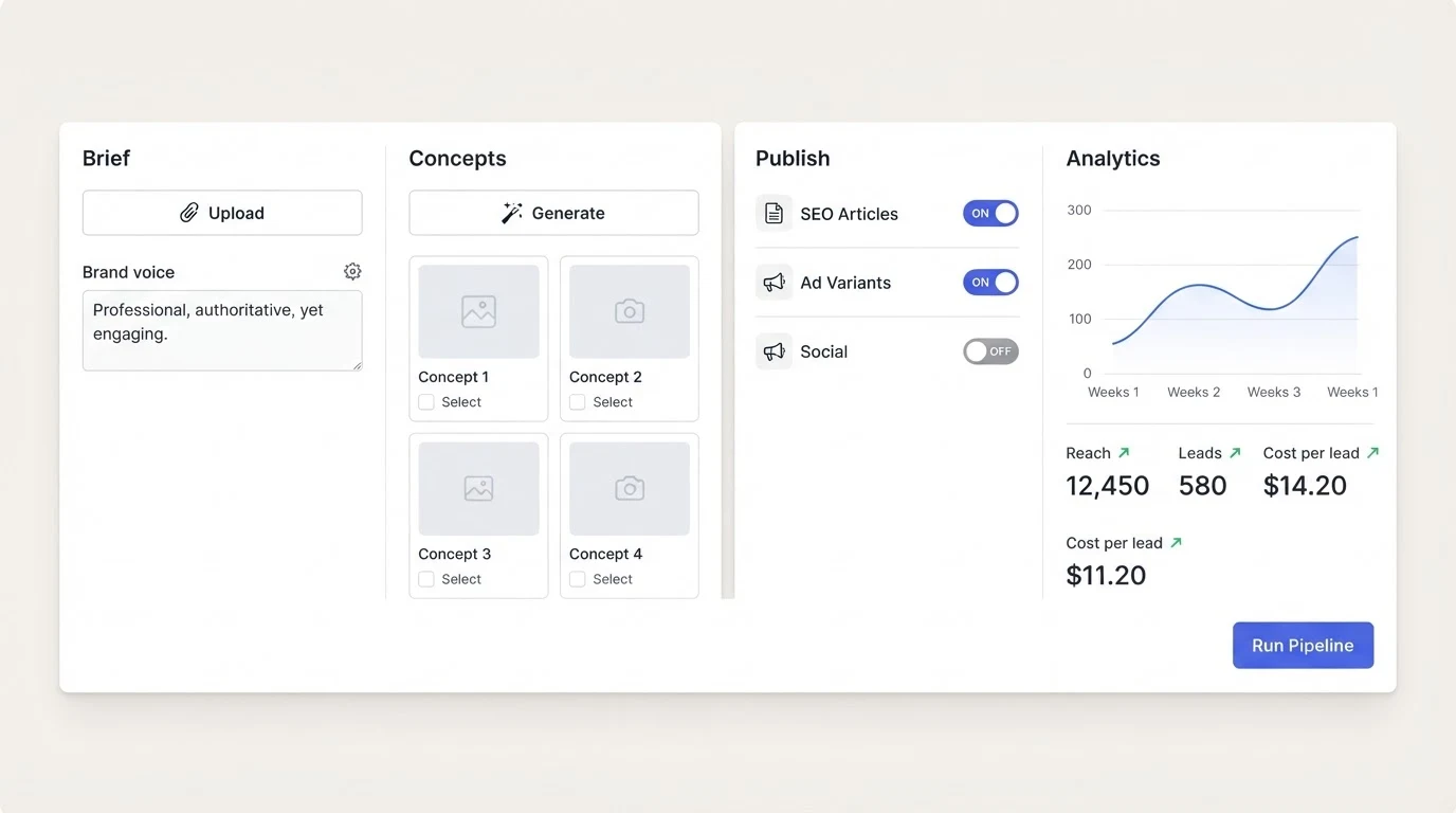 A clean four-step marketing pipeline dashboard. Left panel: 'Brief' with an Upload button and a text field labelled 'Brand voice'. Centre-left: