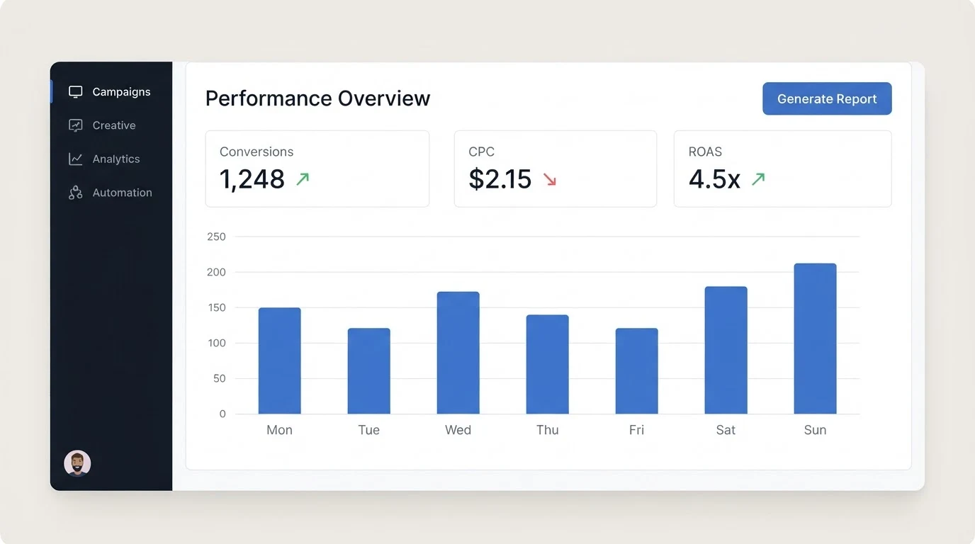 A marketing dashboard showing a left sidebar with labels 'Campaigns', 'Creative', 'Analytics', 'Automation'; a central panel titled 'Performance