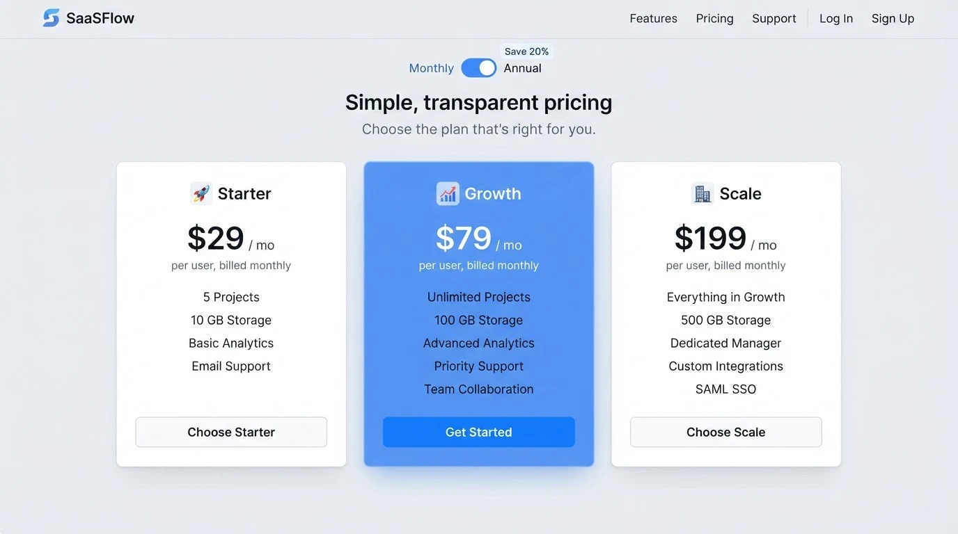 A clean pricing dashboard showing three plan columns labeled 'Starter', 'Growth', and 'Scale' with monthly price figures, a highlighted 'Get Started'