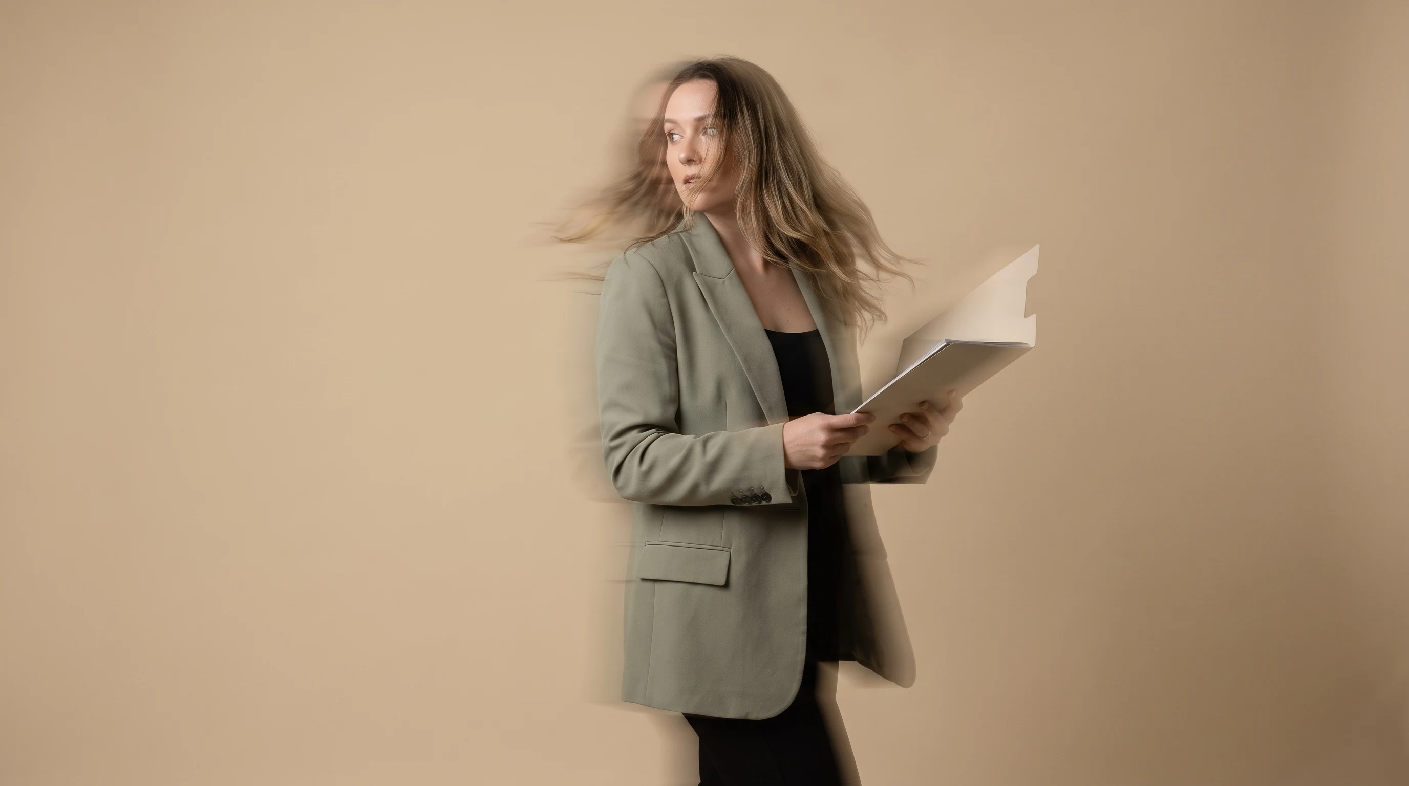 A person mid-step in a sand-toned studio, glancing back over one shoulder while holding a slim open folder, wearing a structured sage blazer over a