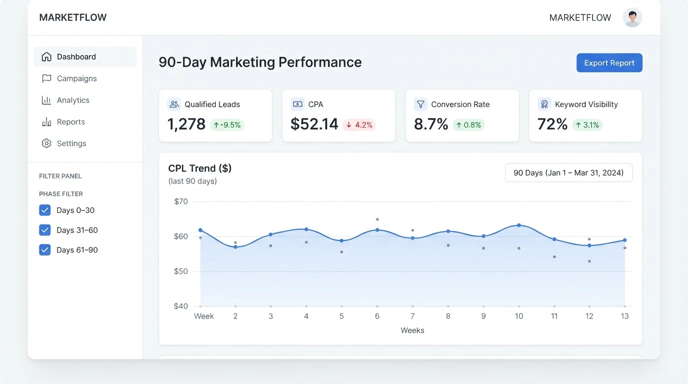 A clean marketing dashboard showing a 90-day performance view: a line chart labelled 'CPL Trend', a KPI row with tiles for 'Qualified Leads', 'CPA',