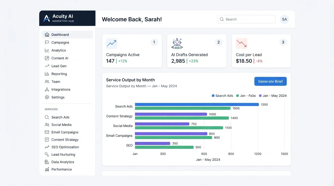 A clean AI marketing agency dashboard: left sidebar lists eight service categories, central area shows three KPI tiles labeled 'Campaigns Active',