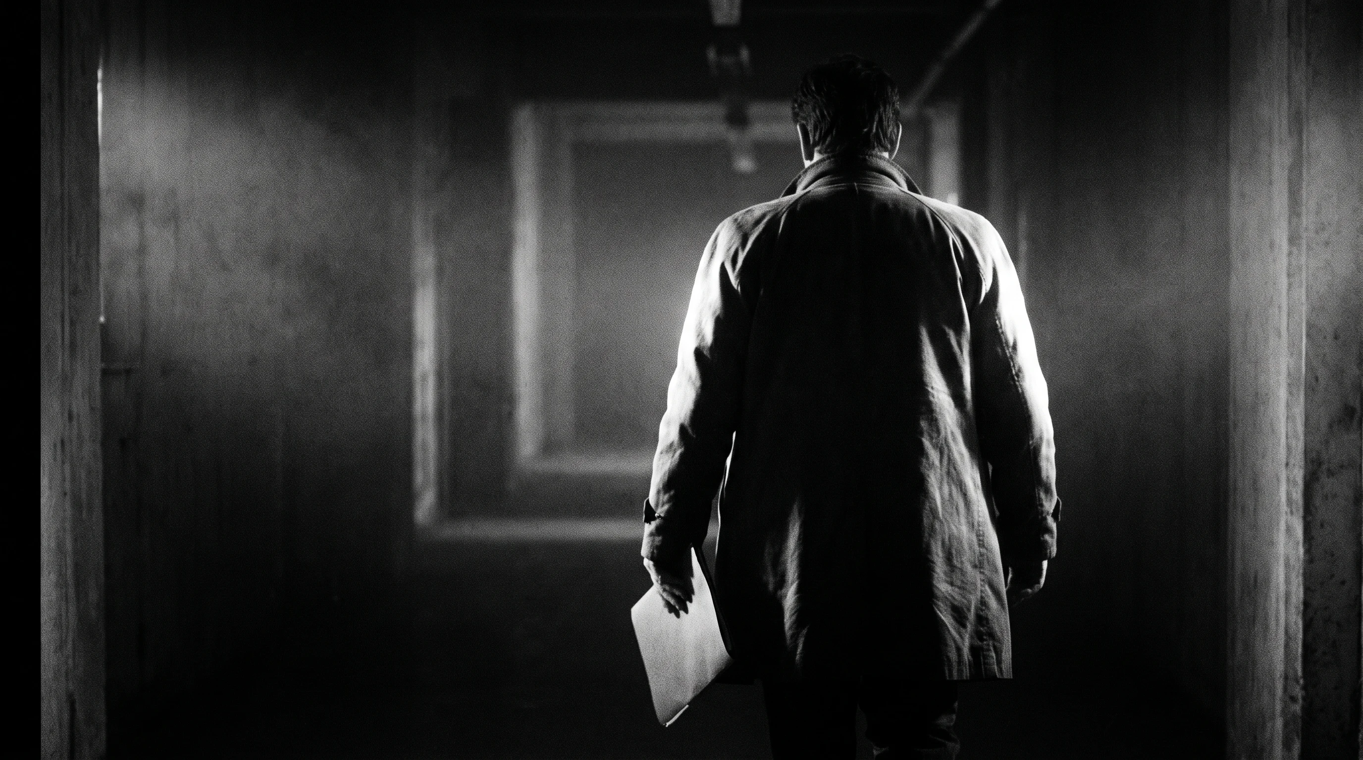 a person mid-stride through a long corridor, carrying a thin folder loosely at their side, shot from behind with strong side-lighting cutting across