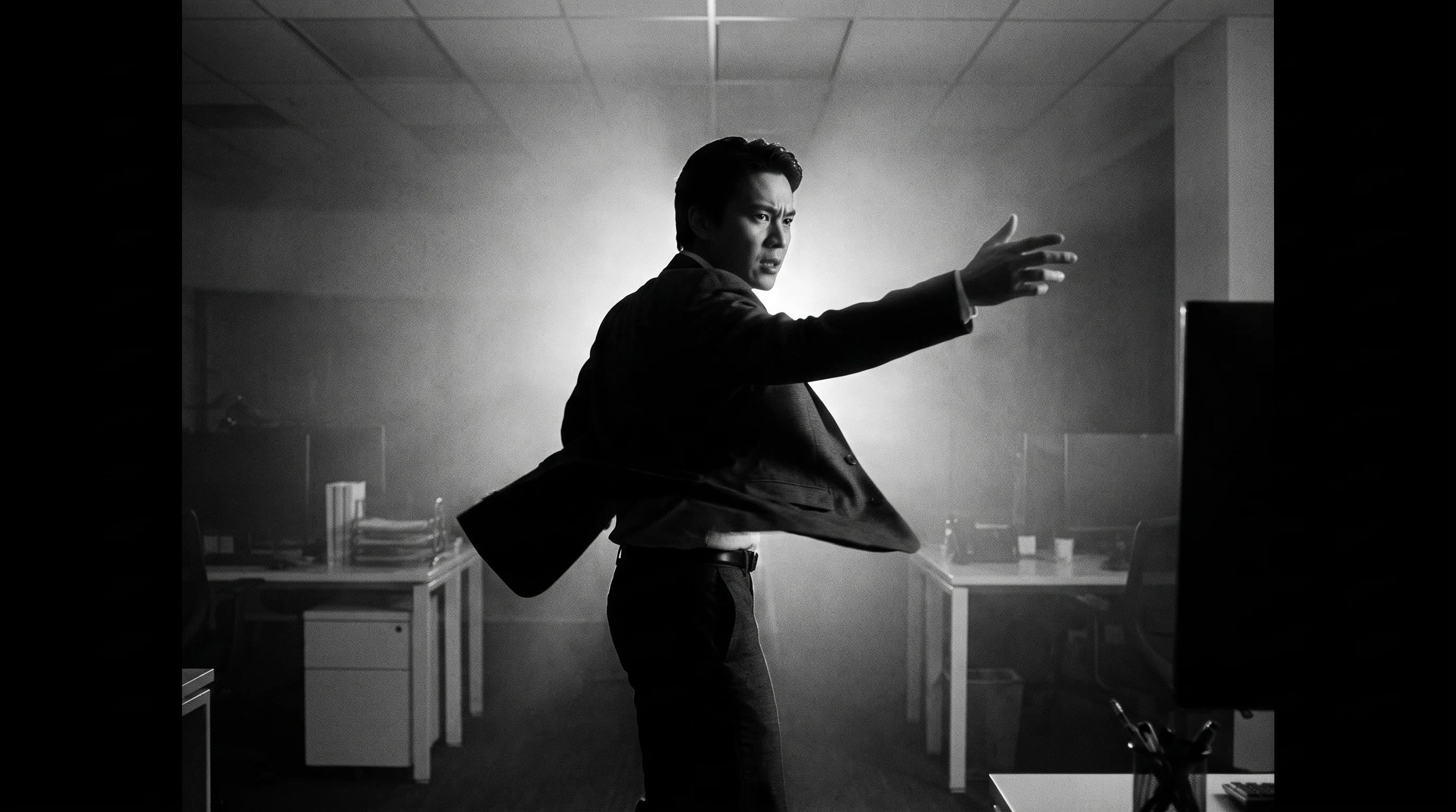 a person mid-turn in a sparse open-plan office, jacket half-on, gesturing decisively toward an unseen display just out of frame, three-quarter angle