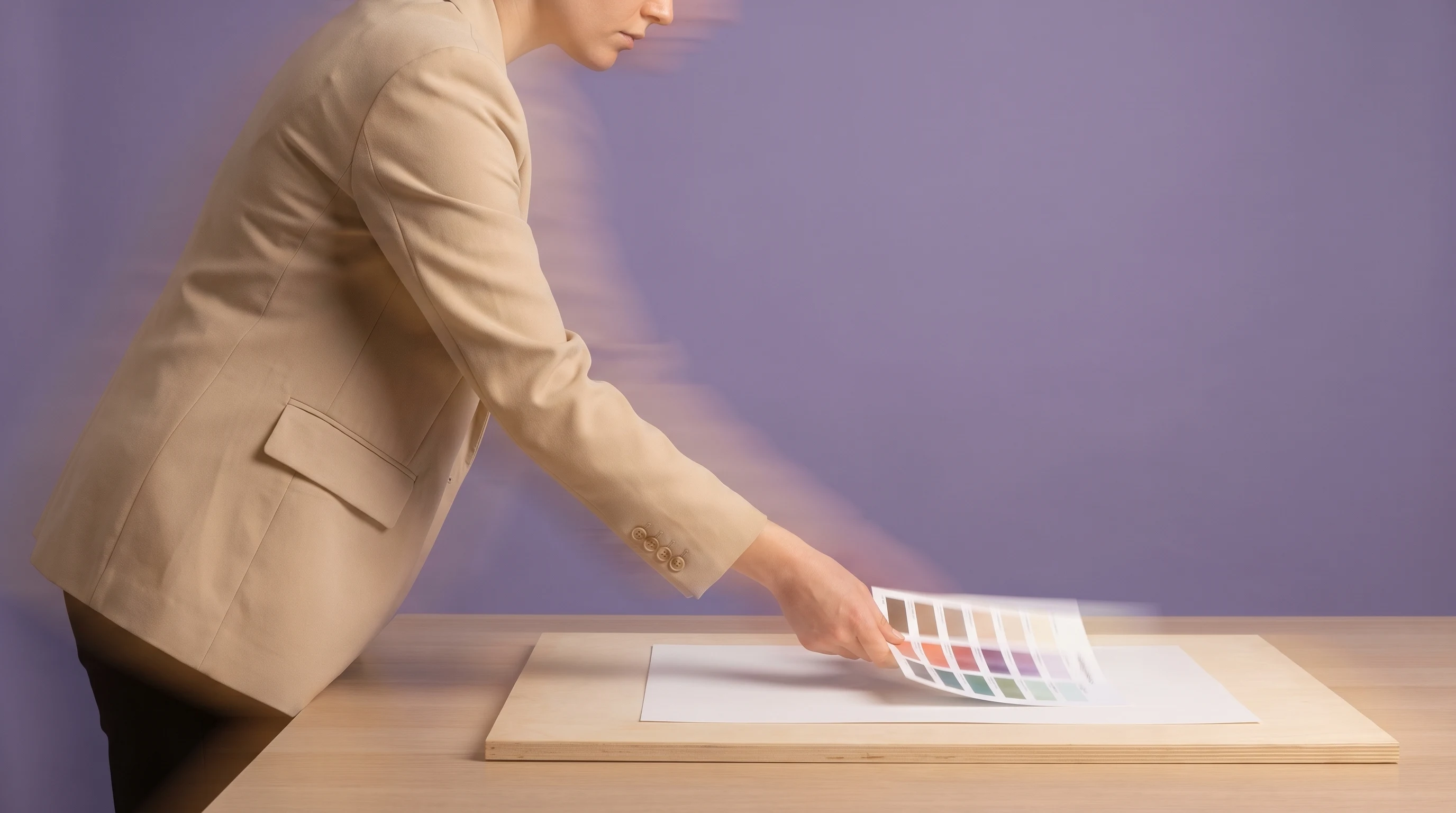 A person mid-reach in a lilac studio, leaning forward over a wide desk and placing a printed colour-palette swatch onto a blank layout board, outfit