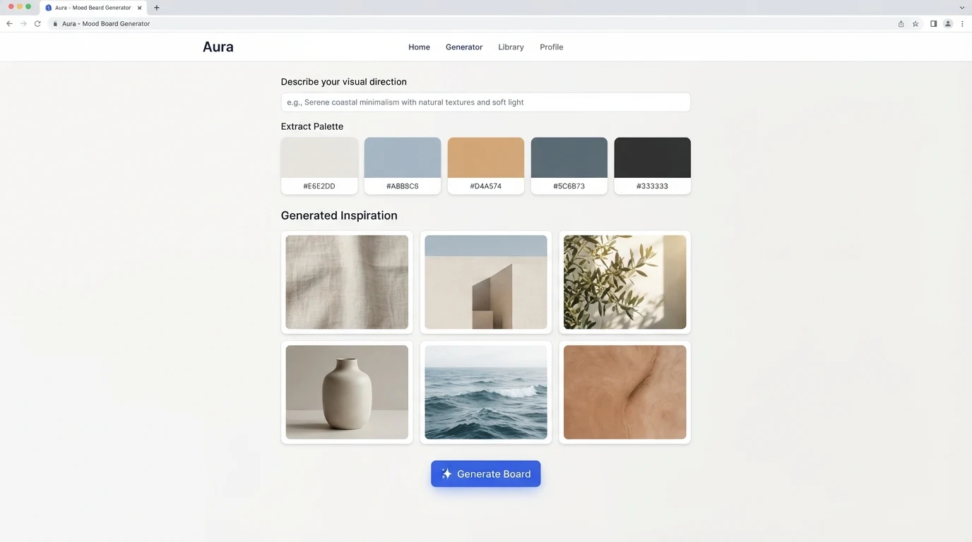 A mood board generator interface showing a prompt input field labelled 'Describe your visual direction', a colour palette row with five swatches
