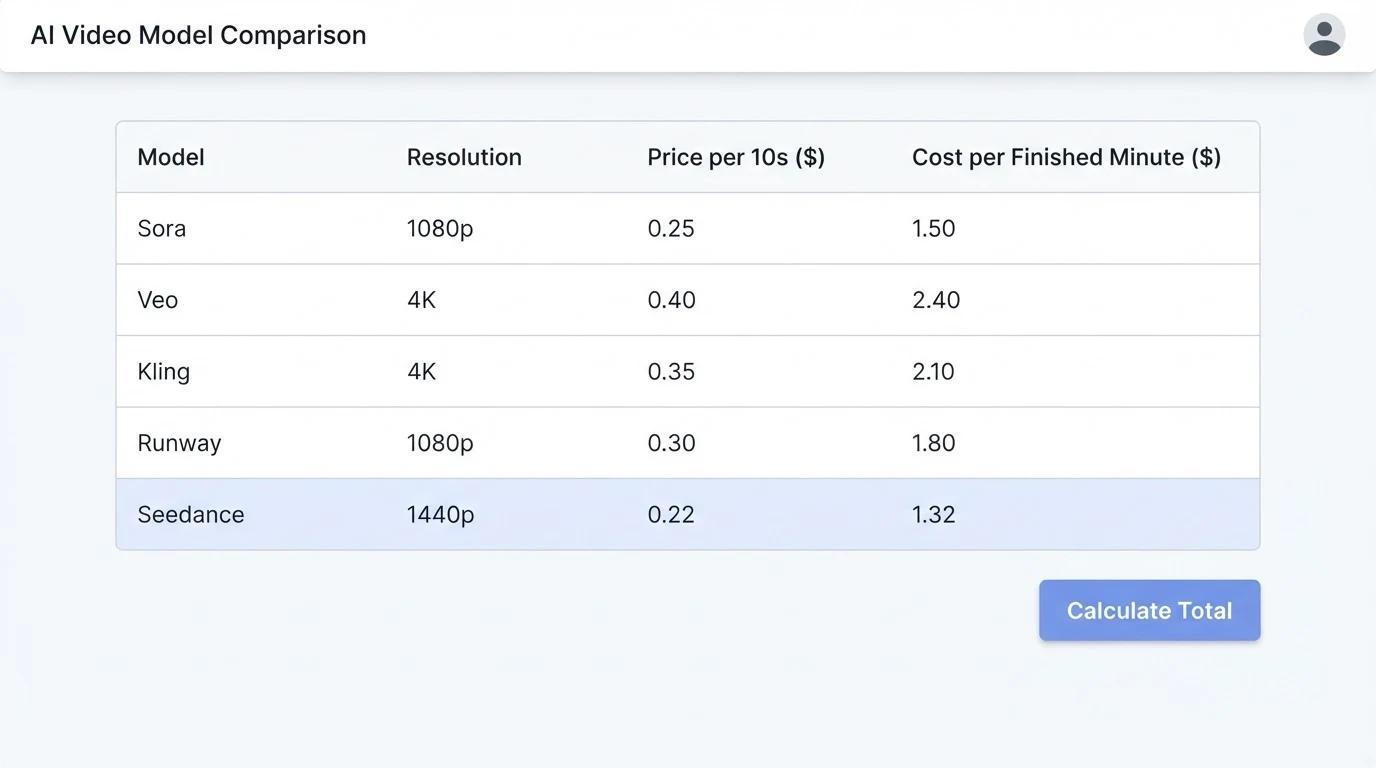 A model-comparison table interface showing five rows labelled Sora, Veo, Kling, Runway, Seedance with columns for Resolution, Price per 10s, and Cost