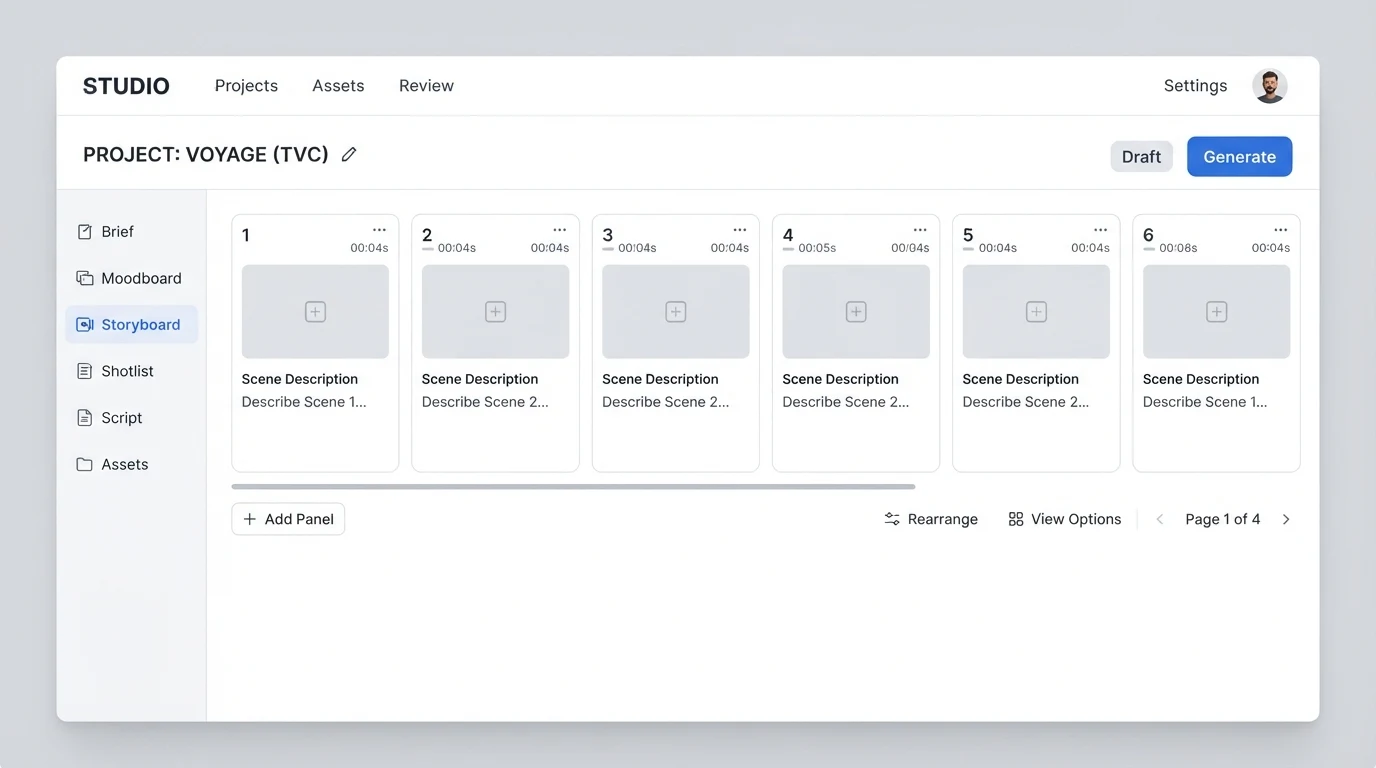 A storyboard tool interface showing six panel thumbnails in a horizontal strip, each with a blank placeholder image and a short scene-description