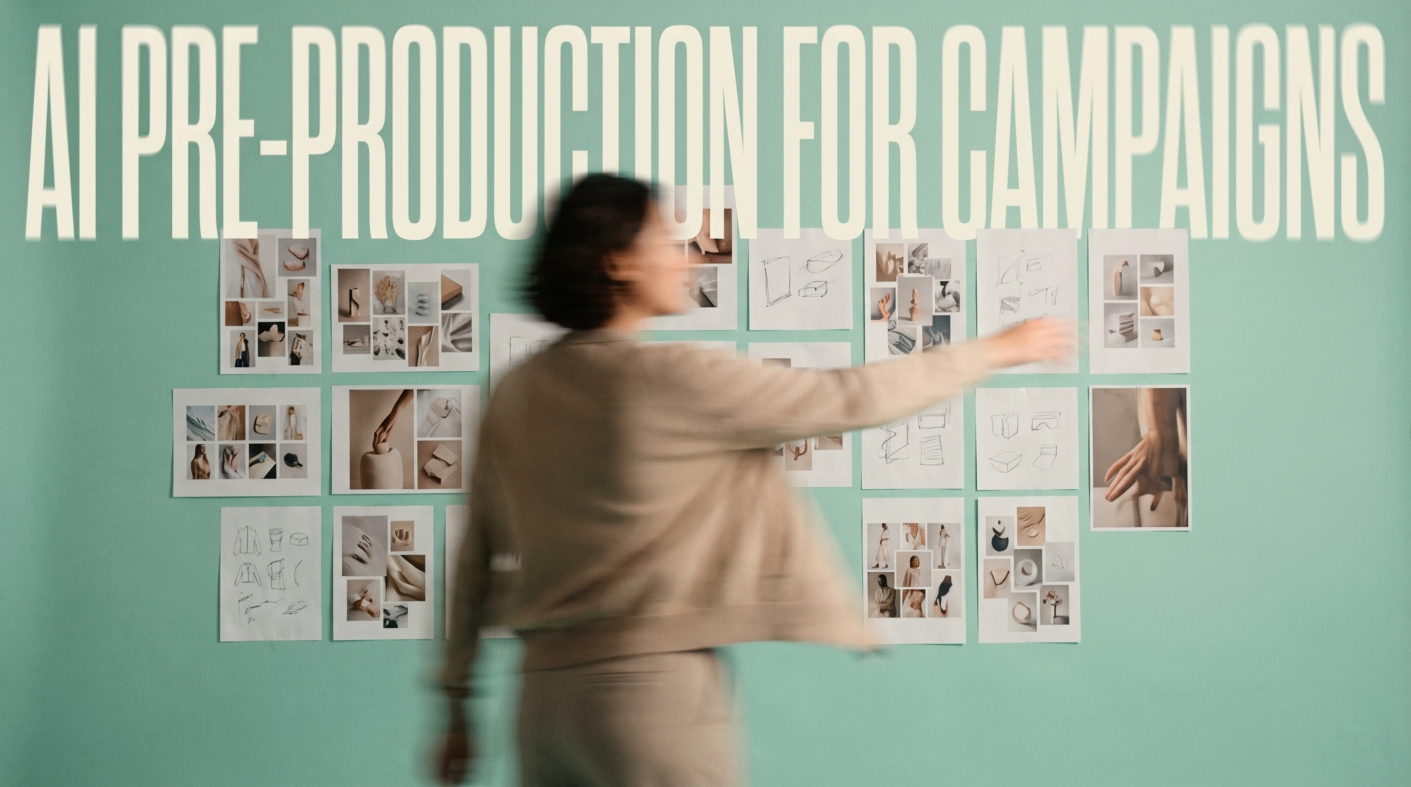 A person mid-turn in a mint studio, one arm sweeping toward a wall of unbranded mood-board prints pinned in a loose grid, three-quarter framing