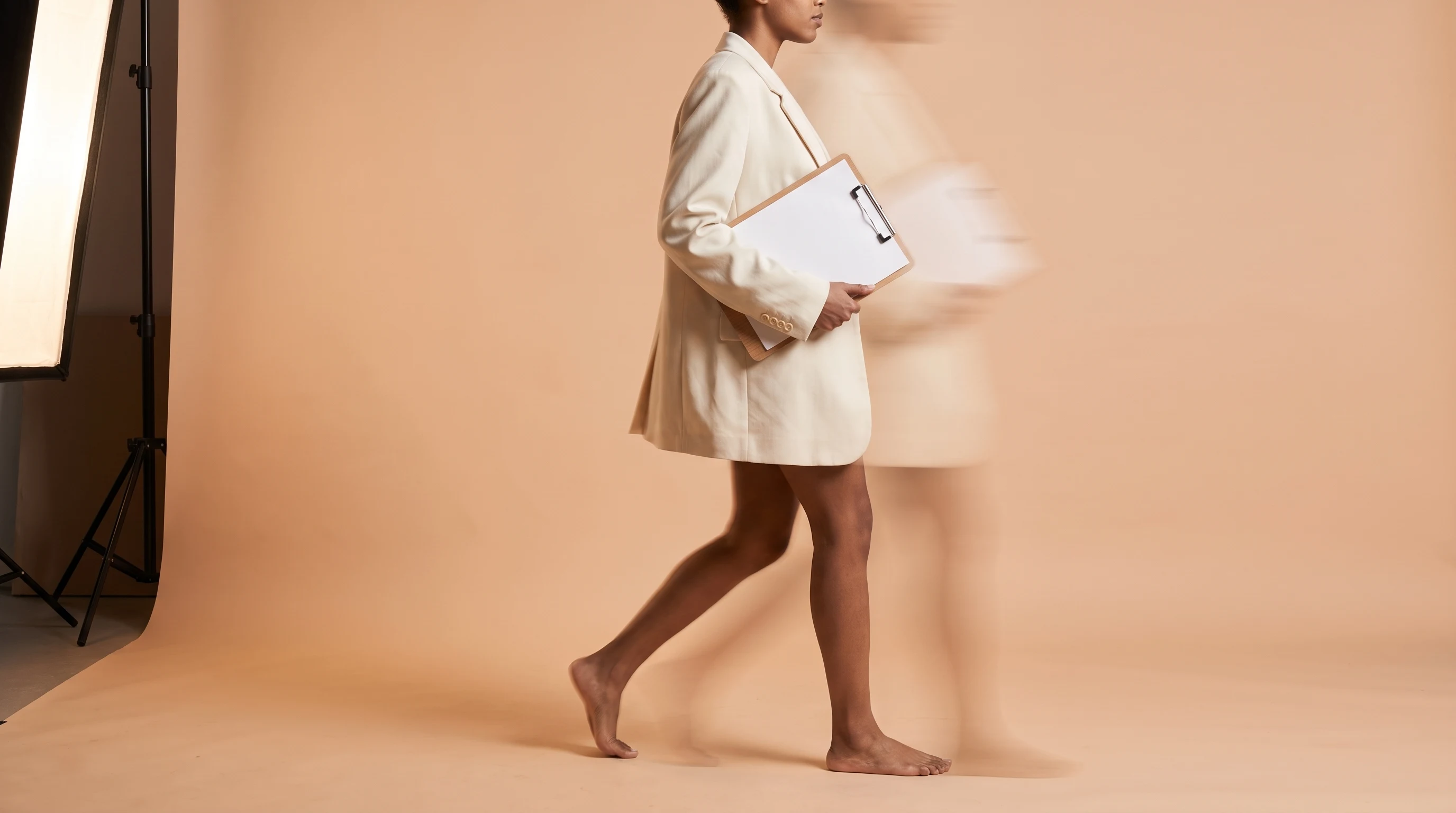 A person mid-step across a sand-toned studio, holding a slim clipboard with blank shot-list pages, profile framing, loose cream blazer, softbox just