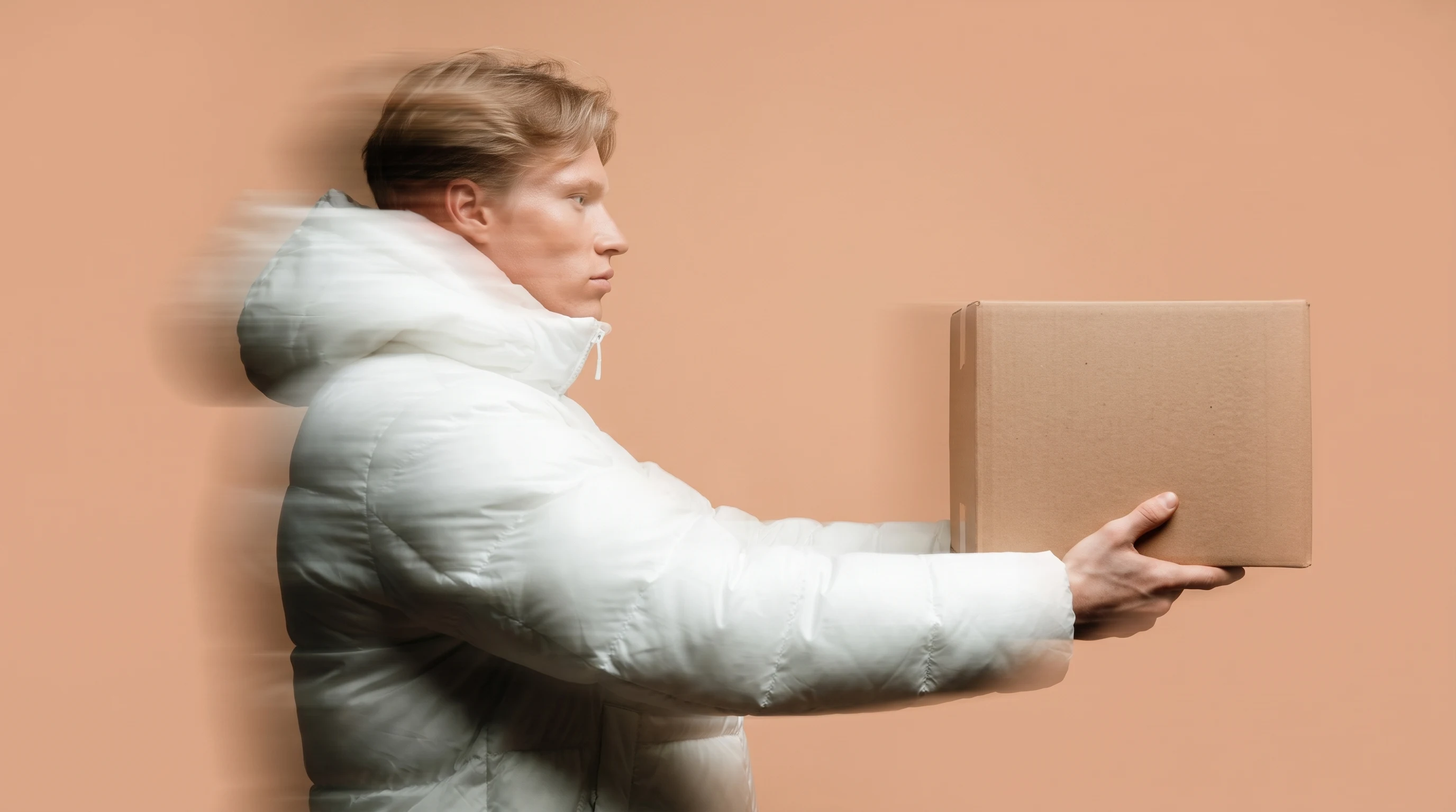 A person mid-turn in profile holding a plain unbranded product package at arm's length toward camera, peach studio backdrop behind them
