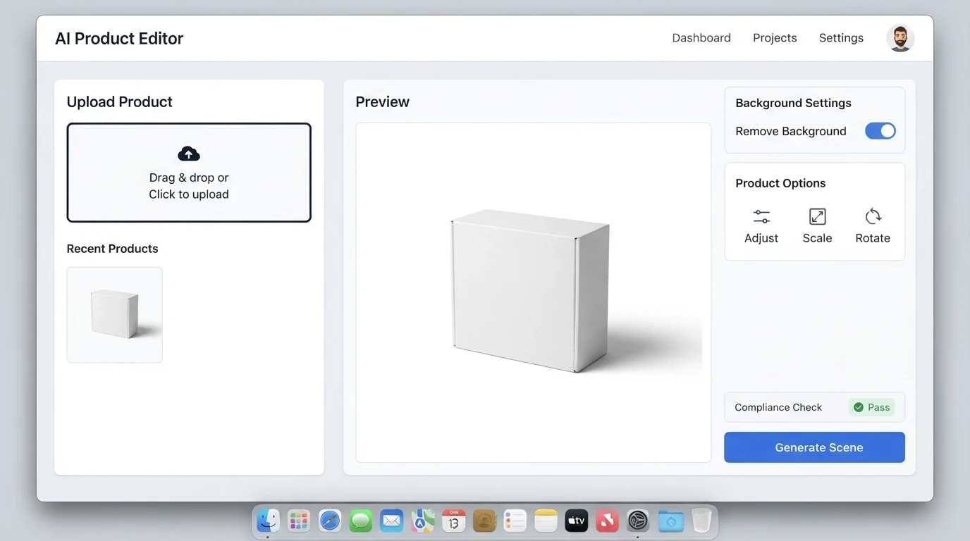A two-column AI product image editor: left panel shows an 'Upload Product' drop zone with a thumbnail of a generic white box; right panel shows a