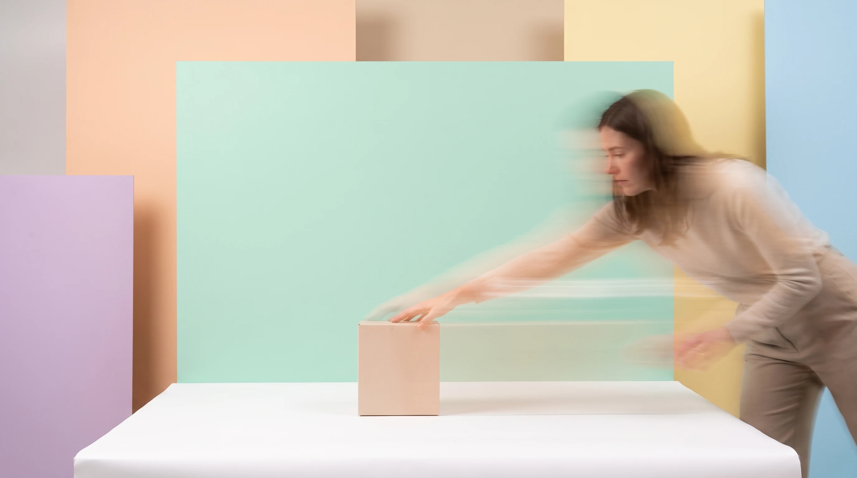 A person mid-reach over a white seamless sweep, carefully adjusting an unbranded product box on a mint-green studio backdrop
