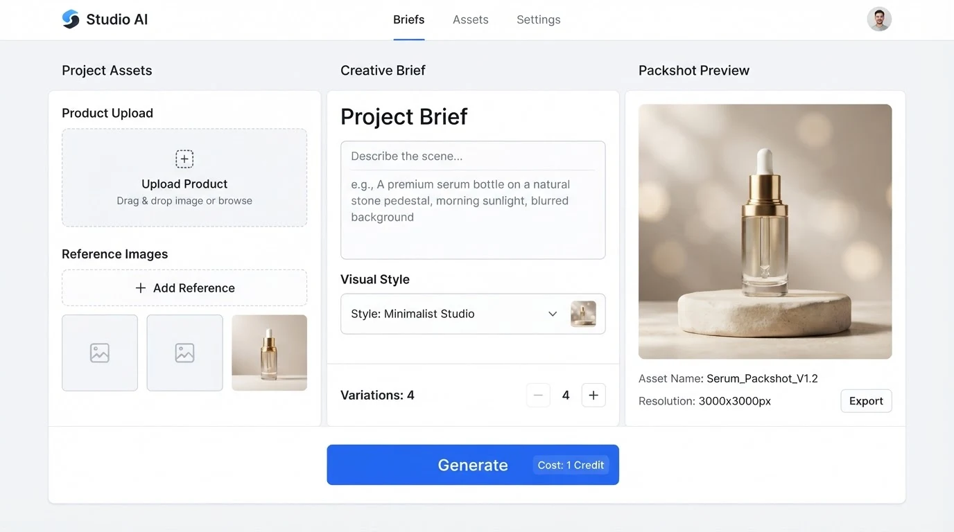A clean AI product photography brief-and-generate interface: left panel has an 'Upload Product' drop zone and a 'Reference Images' slot below it;
