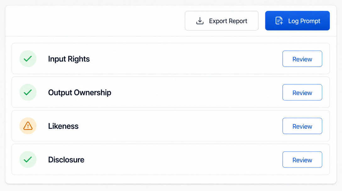 A clean dashboard panel with four stacked rows labelled 'Input Rights', 'Output Ownership', 'Likeness', and 'Disclosure', each row showing a status