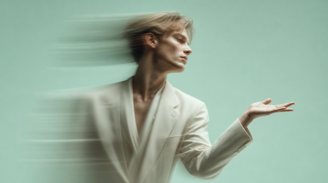 A person mid-turn in a mint-green studio, one hand extended palm-up as if presenting an invisible object, three-quarter framing, wearing a cream