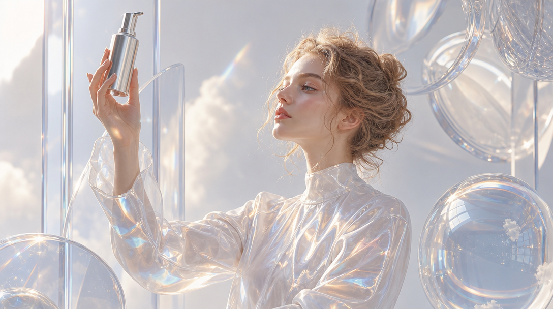 A person mid-turn in a clean white studio, holding an unbranded metallic pump bottle up toward a softbox just out of frame, three-quarter framing