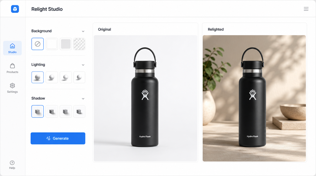 A split-panel image editor interface showing a before panel labelled 'Original' with a plain product photo and an after panel labelled 'Relighted'