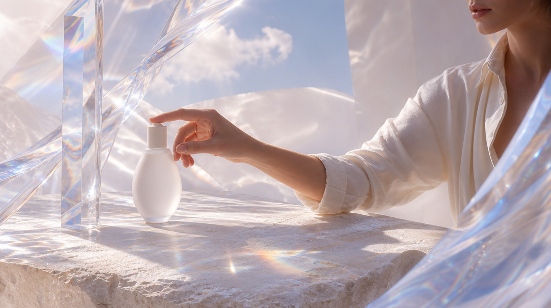 A person mid-reach in a minimal studio styling space, adjusting a small unbranded frosted glass bottle on a pale stone surface, arm extended and