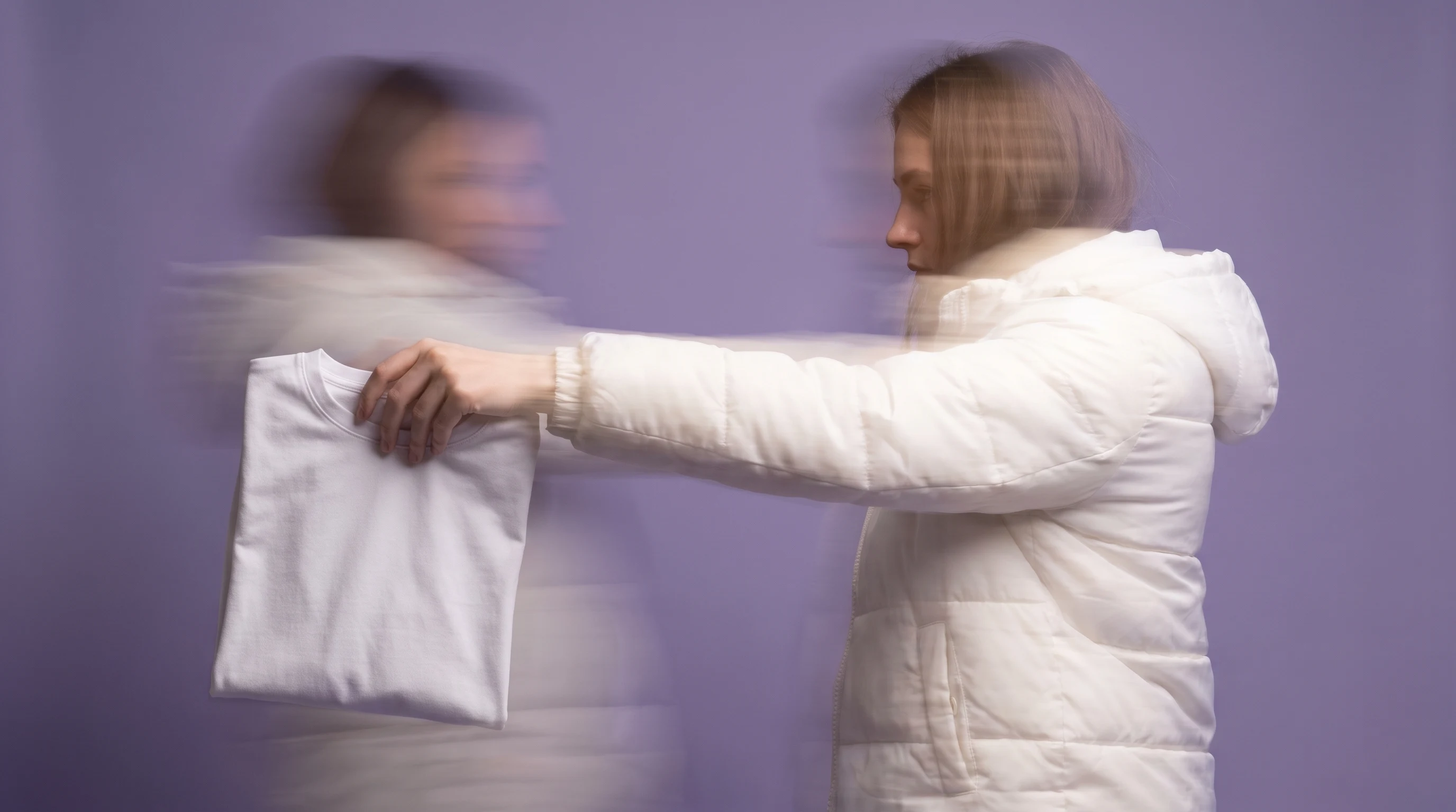 Person in a lilac studio mid-reach forward, profile framing, arm extended toward camera holding an unbranded folded garment